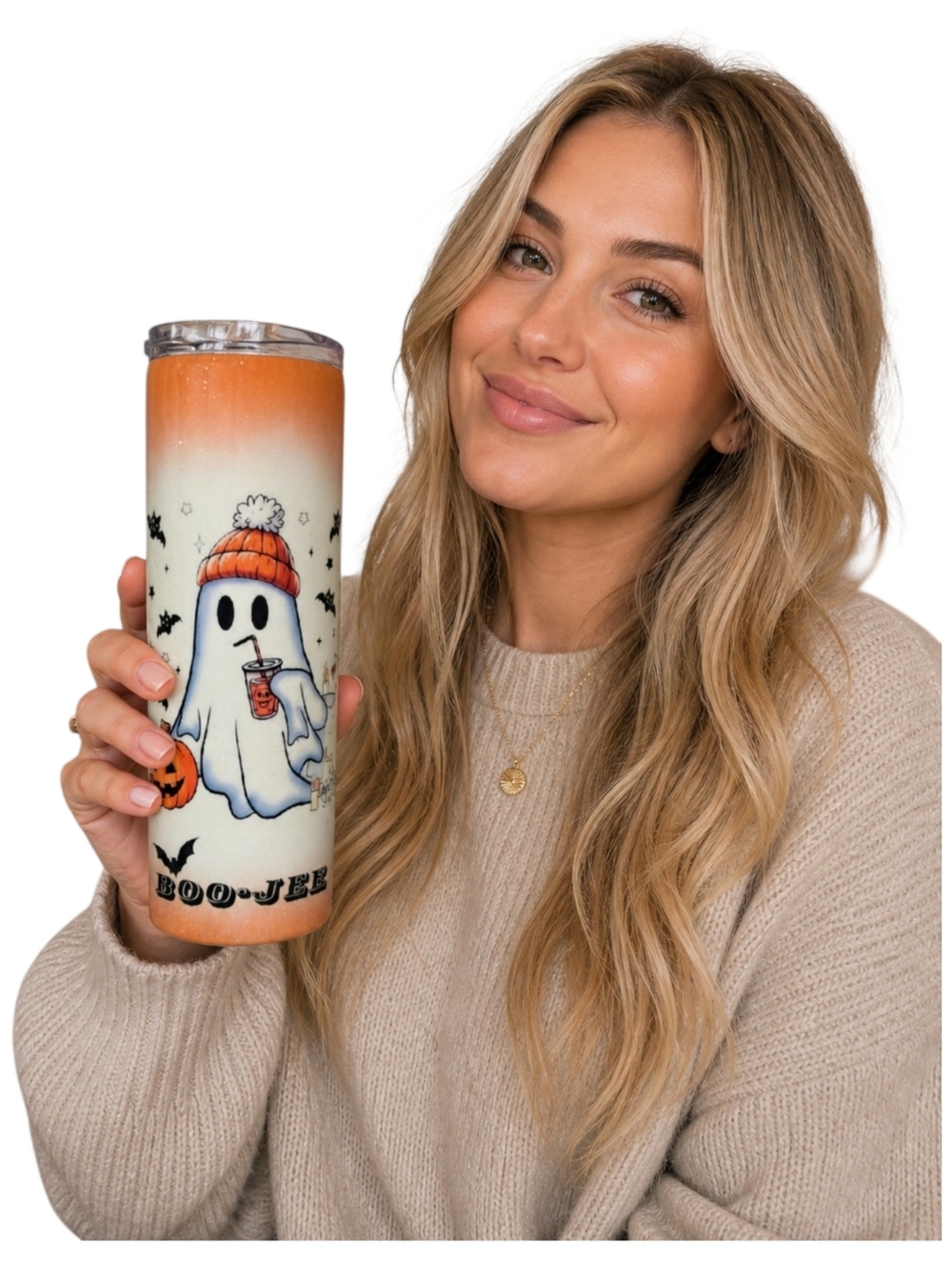 Handmade Halloween 30oz Skinny Tumbler Orange White Epoxy Ghost Cup w Lid Straw
